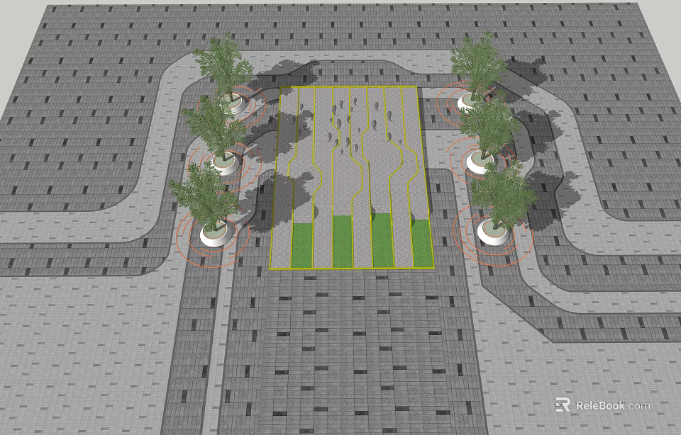 Tree Pits Layout in Urban Plaza With Paved Ground and Green Strips 3d model 