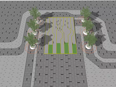 Tree Pits Layout in Urban Plaza With Paved Ground and Green Strips 3d model