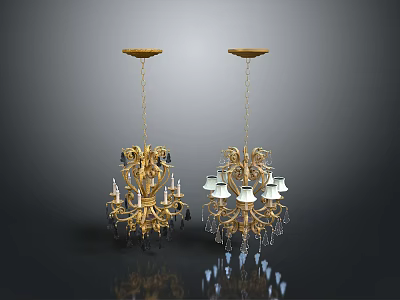 Elegant Golden Chandelier Set With Two Hanging Lights Crystal Decorations And Candle Shaped Arms 3d model