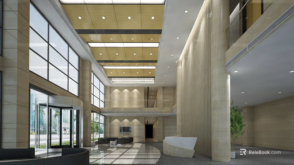 Spacious Modern Reception Lobby With Front Desk Large Glass Windows And Ceiling Lights 3d model