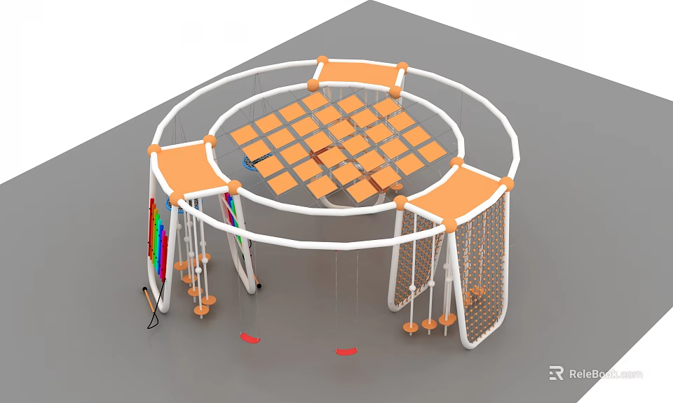 Commercial Playground Structure With Circular Design Orange Platforms Grid Climbing Net And Hanging Swings 3d model 