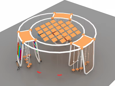 Commercial Playground Structure With Circular Design Orange Platforms Grid Climbing Net And Hanging Swings 3d model