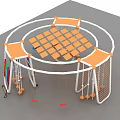 Commercial Playground Structure With Circular Design Orange Platforms Grid Climbing Net And Hanging Swings