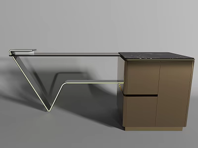 Modern Bar Counter Featuring Glass Top Brown Cabinets And Metal Frame Design 3d model