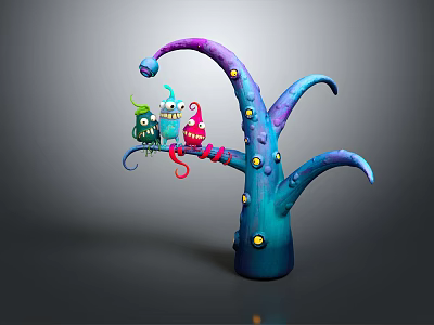Colorful Fantasy Monsters Sitting On Purple Twisted Tree With Yellow Spots 3d model
