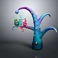 Colorful Fantasy Monsters Sitting On Purple Twisted Tree With Yellow Spots