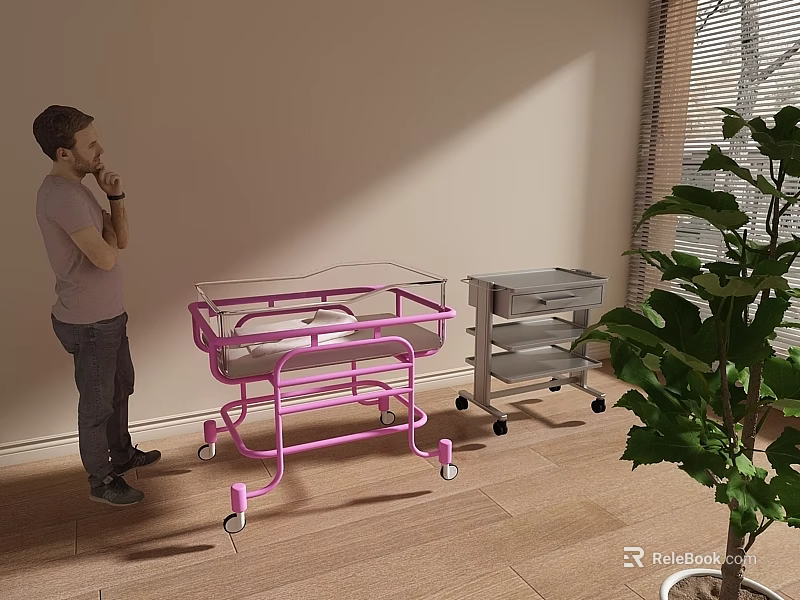 Man Near Pink Baby Crib Silver Cart In Room With Wooden Floor Plant Window Blinds 3d model 