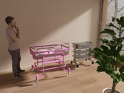 Man Near Pink Baby Crib Silver Cart In Room With Wooden Floor Plant Window Blinds 3d model