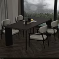 Modern Restaurant Interior With Long Table Chairs Tableware And Mountain View Through Window