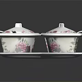 Ceramic Dinnerware Set With Four Lidded Bowls And Matching Pink Floral Saucers