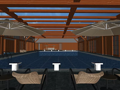 Spacious Swimming Pool Interior With Wooden Roof Structure And Outdoor Lounge Chairs 3d model