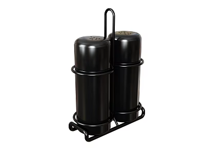 Black Salt And Pepper Shakers With Black Metal Rack Holder For Kitchen Use 3d model