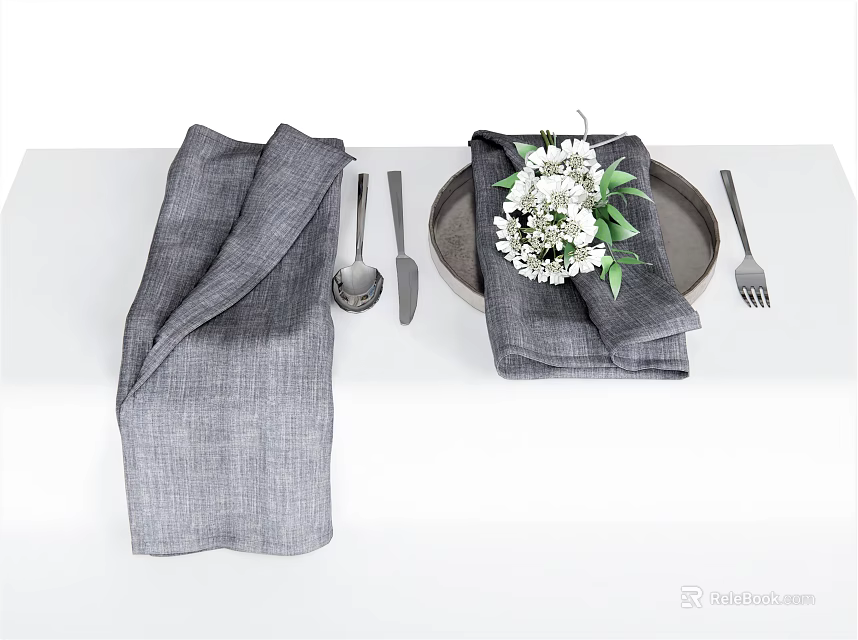 Tableware Set With Gray Napkins Silver Utensils Plate And White Flowers Green Leaves 3d model 