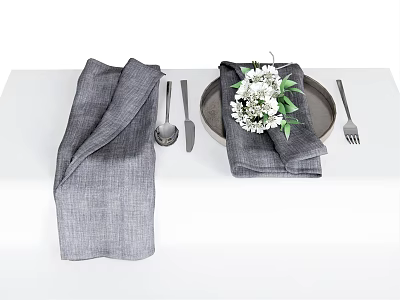 Tableware Set With Gray Napkins Silver Utensils Plate And White Flowers Green Leaves 3d model