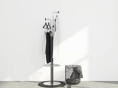 Minimalist Metal Frame Floor Standing Clothes Hanger With Hanging Garments And Laundry Basket 3d model