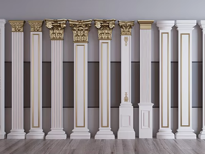 White Roman Columns With Golden Decorative Capitals For Classical Interior Design 3d model