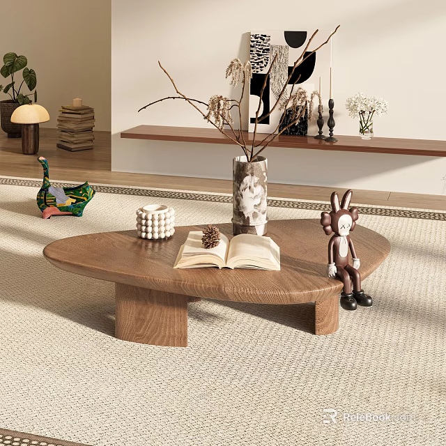 Wooden Curved Coffee Table with Open Book Vase Pinecone and Rabbit Doll on Rug 3d model 