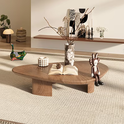 Wooden Curved Coffee Table with Open Book Vase Pinecone and Rabbit Doll on Rug 3d model