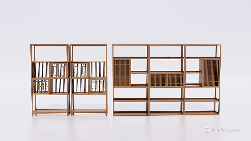 Pair of Wooden Etagere Display Shelves with Multiple Open Compartments and Lattice Panels 3d model 