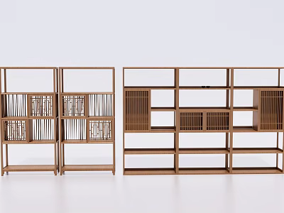 Pair of Wooden Etagere Display Shelves with Multiple Open Compartments and Lattice Panels 3d model