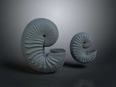 Two Gray Textured Spiral Sculptures Against Dark Background With Reflection 3d model