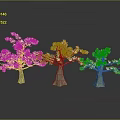 Three Pink Flowering Trees With Green Trunks On Grey Background And Ground Reflections