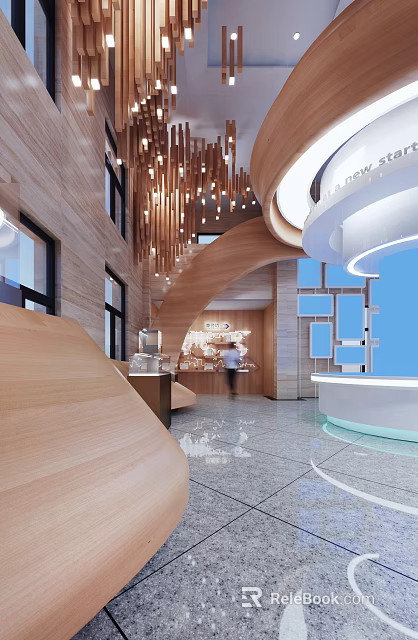 Modern Bank Open Space Interior Featuring Wooden Elements Front Desk Hanging Lights And Marble Floor 3d model 