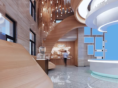 Modern Bank Open Space Interior Featuring Wooden Elements Front Desk Hanging Lights And Marble Floor 3d model
