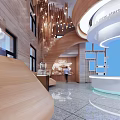 Modern Bank Open Space Interior Featuring Wooden Elements Front Desk Hanging Lights And Marble Floor