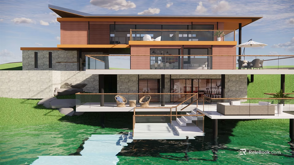 Modern Waterfront Detached Villa With Wood Stone Exterior Terrace And Outdoor Seating 3d model 