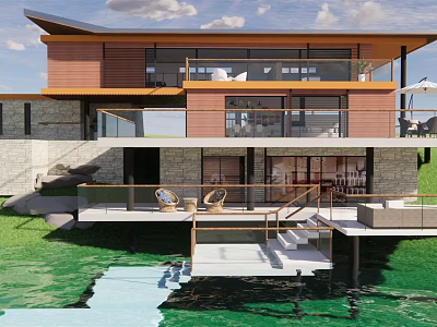 Modern Waterfront Detached Villa With Wood Stone Exterior Terrace And Outdoor Seating 3d model