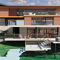 Modern Waterfront Detached Villa With Wood Stone Exterior Terrace And Outdoor Seating
