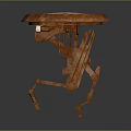 Round Top Orange Wooden Table With Unique Carved Legs And Blue Decorative Accents