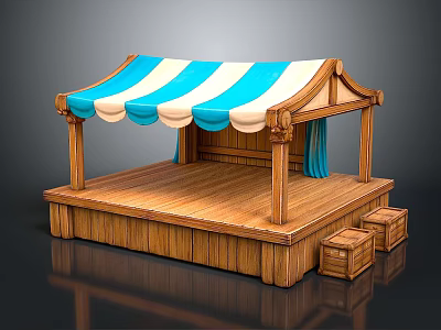 Wooden Market Stall With Blue White Striped Awning Platform And Crates 3d model