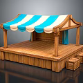 Wooden Market Stall With Blue White Striped Awning Platform And Crates