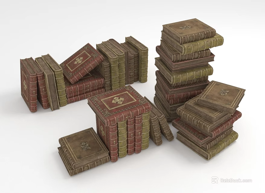 Vintage Stacked Books With Various Colored Leather Covers And Decorative Details 3d model 