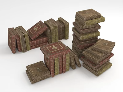 Vintage Stacked Books With Various Colored Leather Covers And Decorative Details 3d model