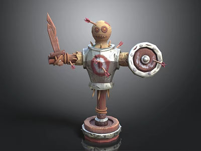 Straw Man Target Design With Wooden Sword Shield And Arrows On Base 3d model