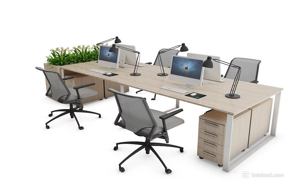 Modern Office Desk Setup With Computer Monitors Desk Lamps Office Chairs And Potted Plants 3d model 