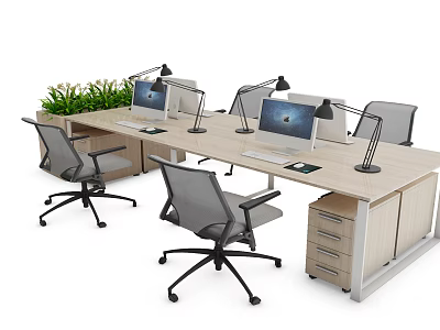 Modern Office Desk Setup With Computer Monitors Desk Lamps Office Chairs And Potted Plants 3d model