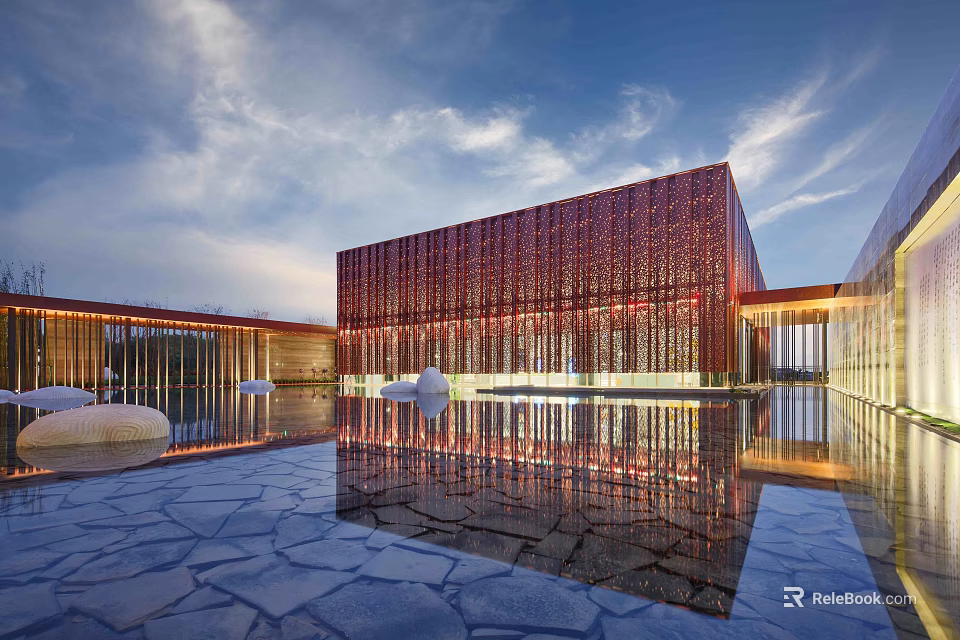 Modern Sales Office Building With Red Brown Perforated Metal Facade And Water Reflection 3d model 