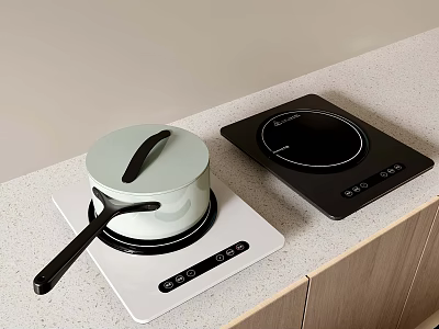 White And Black Induction Cooktops With Pot On Kitchen Counter And Wooden Cabinets 3d model
