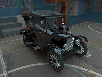 Vintage Black Open Top Car Parked Near Graffiti Covered Blue Building 3d model