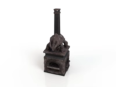 Vintage Cast Iron Stove with Tall Chimney Grilled Door and Carved Architectural Decorations 3d model