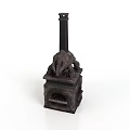 Vintage Cast Iron Stove with Tall Chimney Grilled Door and Carved Architectural Decorations