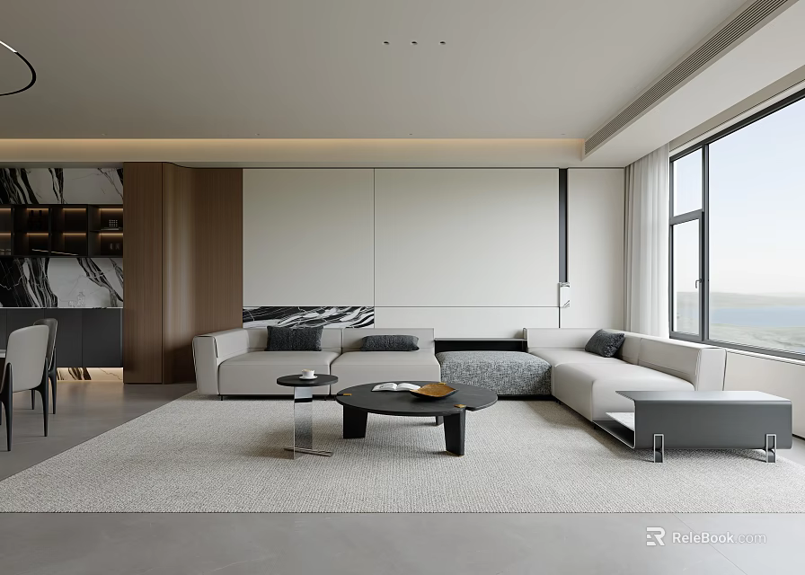 Modern Living And Dining Room Interior With Large Windows White Sofa Coffee Table And Rug 3d model 