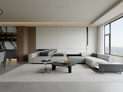 Modern Living And Dining Room Interior With Large Windows White Sofa Coffee Table And Rug 3d model