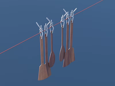 Wooden Spoons and Spatulas Utensil Set Hanging on Clothesline with Blue Background 3d model