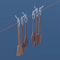 Wooden Spoons and Spatulas Utensil Set Hanging on Clothesline with Blue Background