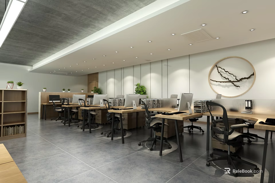 Modern Public Office Space With Wooden Desks Black Chairs Laptops And Green Plants 3d model 